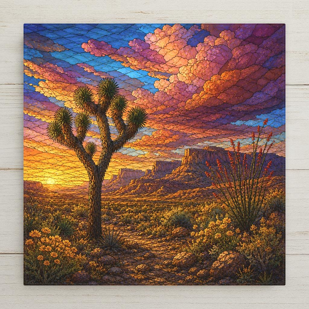 Stained glass style ceramic art tile of a lone Joshua tree at sunset with orange and purple clouds, red blooming ocotillo, golden brittlebush, and layered desert mesas