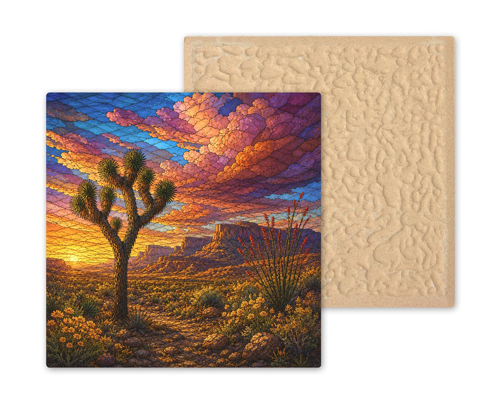 Joshua Tree Wall Art Ceramic Tile Stained Glass Style Desert Sunset Ocotillo Mesa Landscape Cabin Decor Desert Nature Art