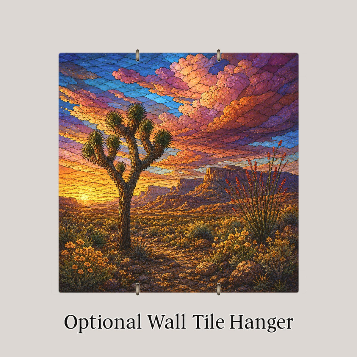 Joshua Tree Wall Art Ceramic Tile Stained Glass Style Desert Sunset Ocotillo Mesa Landscape Cabin Decor Desert Nature Art