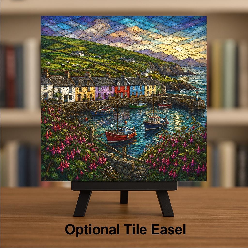 Dingle Peninsula Wall Art Ceramic Tile Stained Glass Style Irish Coast Harbor Village Ireland Travel Memory Nature Art