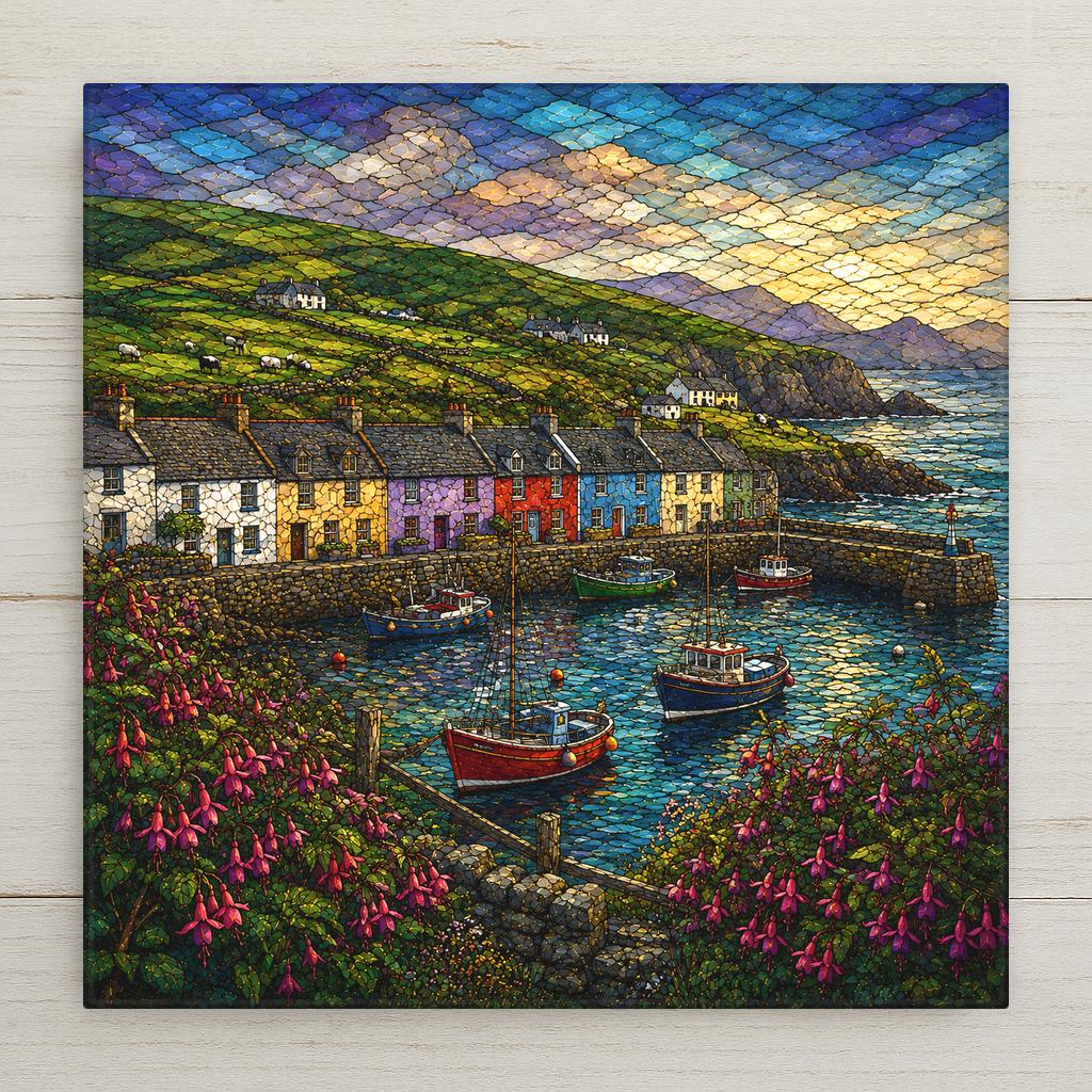 Stained glass style ceramic art tile of a Dingle Ireland harbor with colorful fishing boats, painted village houses along the quay, wild fuchsia hedge in bloom, and sheep grazing green hillsides