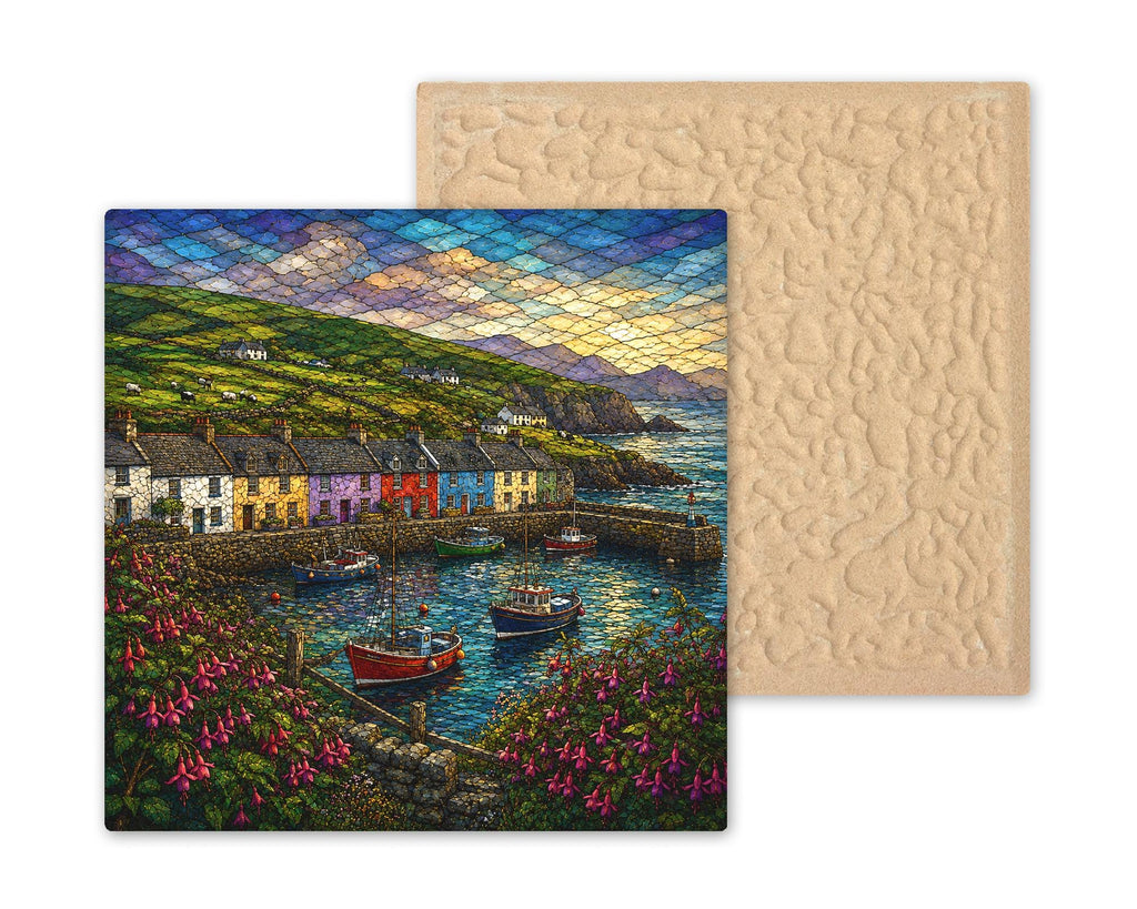 Dingle Peninsula Wall Art Ceramic Tile Stained Glass Style Irish Coast Harbor Village Ireland Travel Memory Nature Art
