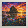 Stained glass style ceramic art tile of Haystack Rock at Cannon Beach Oregon mirrored on wet sand at sunset with tide pools, sea stars, seagulls, and a purple and orange sky