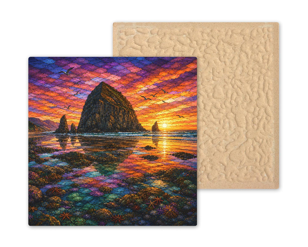 Cannon Beach Wall Art Ceramic Tile Stained Glass Style Haystack Rock Oregon Coast Beach House Decor Coastal Nature Art