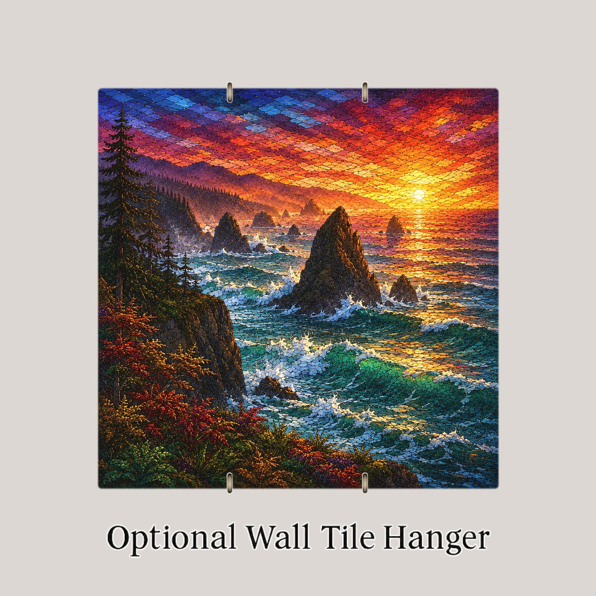 Oregon Coast Sea Stacks Wall Art Ceramic Tile Stained Glass Style Pacific Sunset Beach House Wall Decor Ocean Nature Art