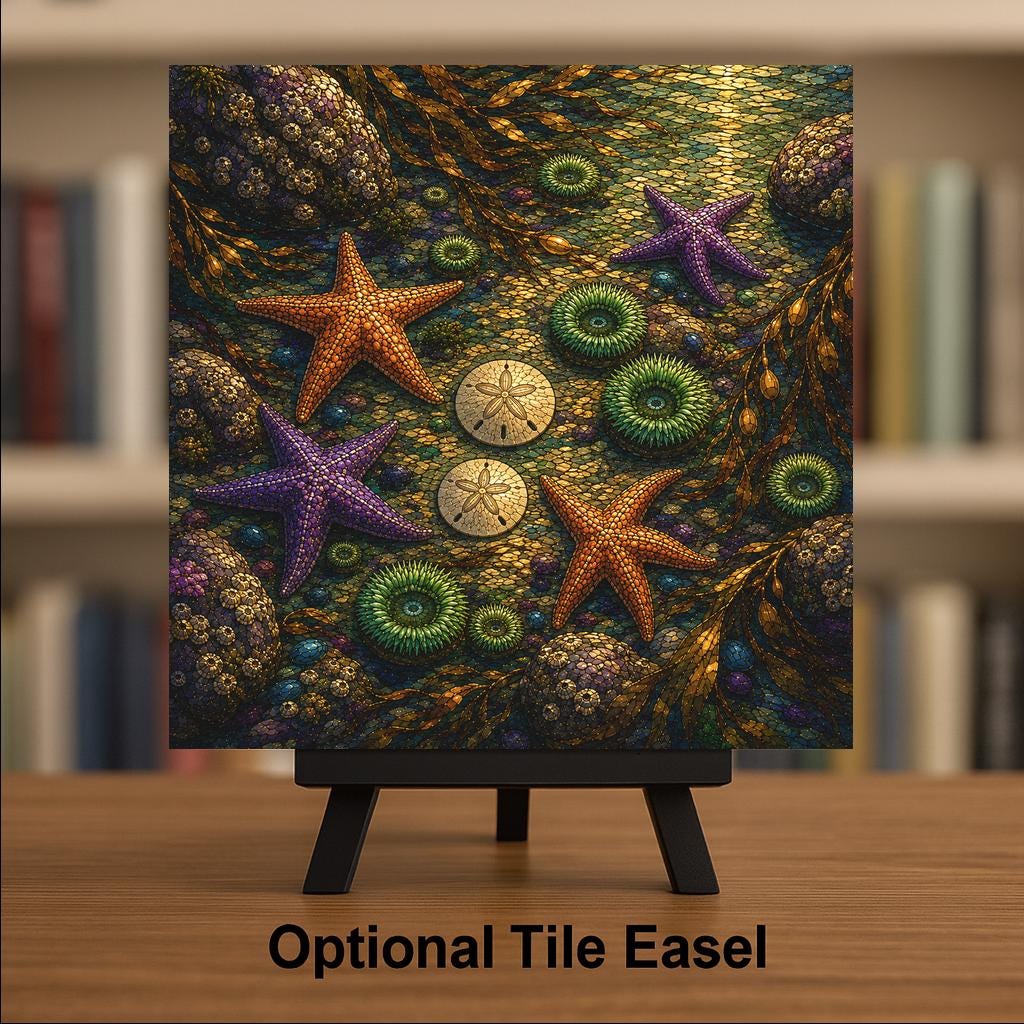 Oregon Coast Tide Pool Wall Art Ceramic Tile Stained Glass Style Starfish Sand Dollar Beach House Decor Coastal Nature Art