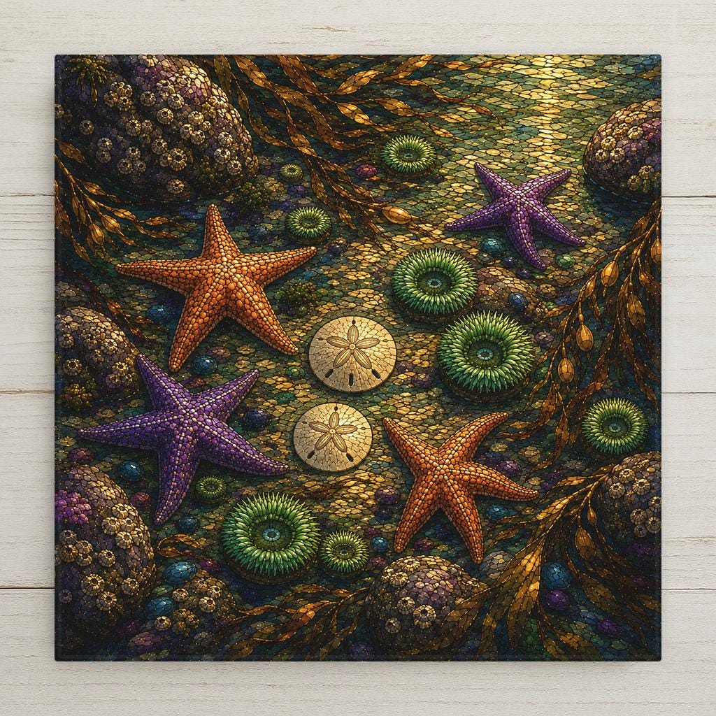 Stained glass style ceramic art tile looking down into an Oregon tide pool with orange and purple sea stars, two sand dollars, green anemones, kelp, and barnacled rocks in golden light