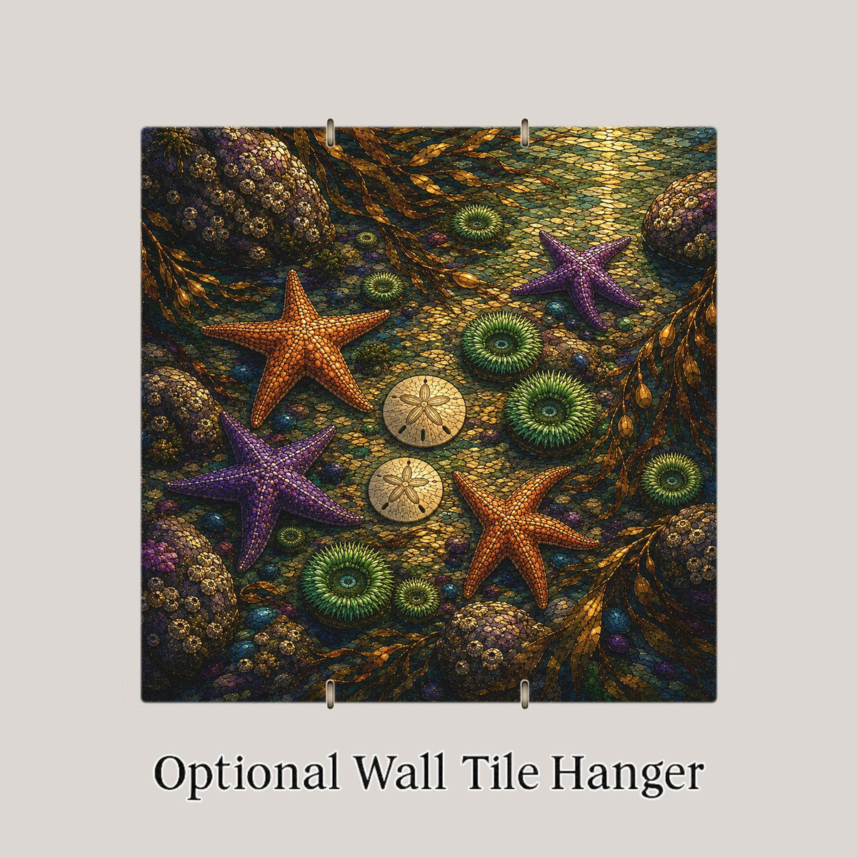 Oregon Coast Tide Pool Wall Art Ceramic Tile Stained Glass Style Starfish Sand Dollar Beach House Decor Coastal Nature Art