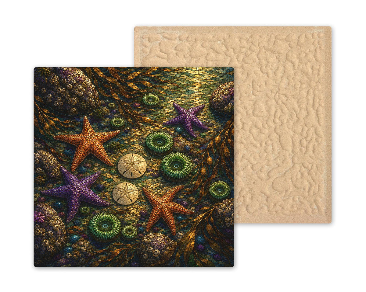 Oregon Coast Tide Pool Wall Art Ceramic Tile Stained Glass Style Starfish Sand Dollar Beach House Decor Coastal Nature Art