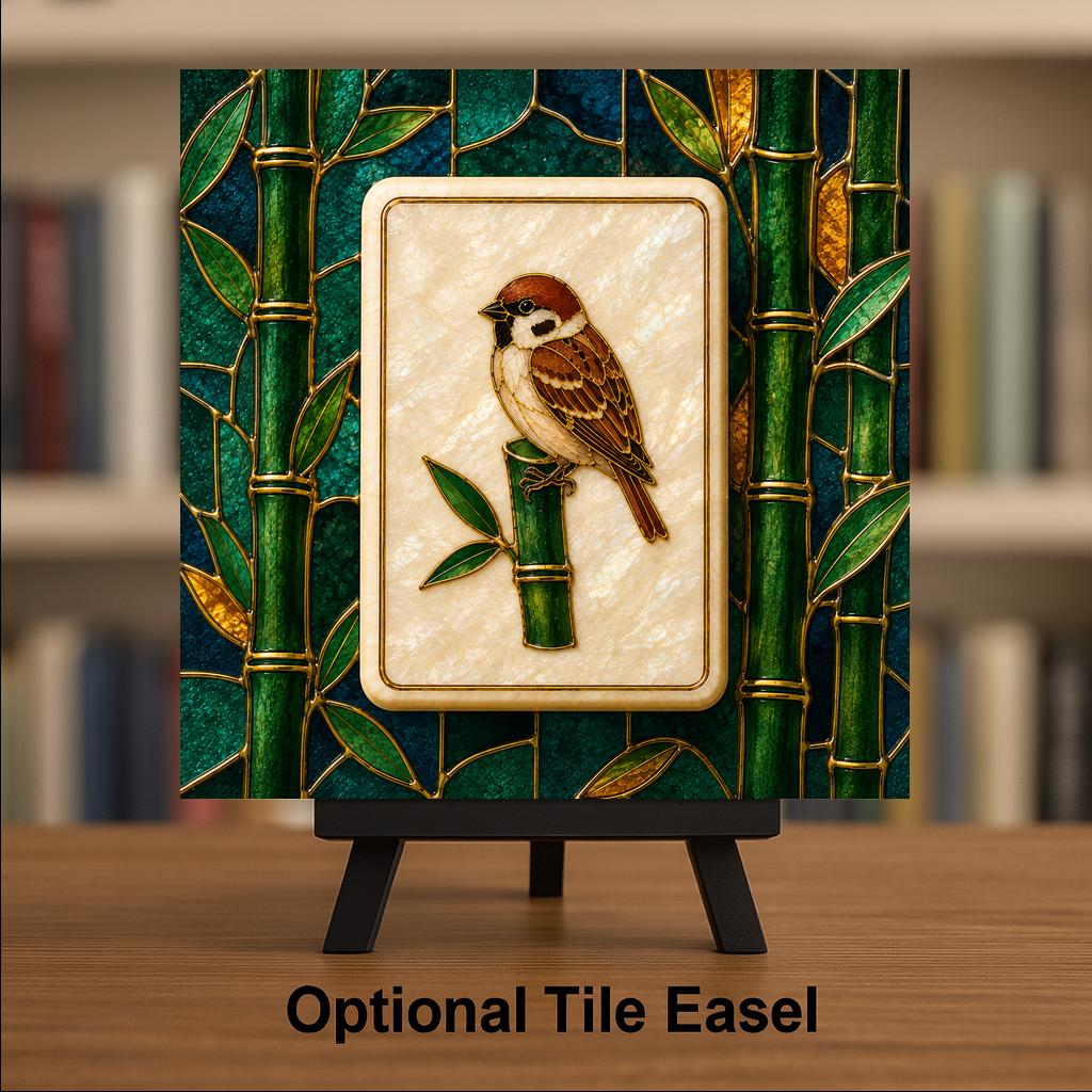 Mahjong Ceramic Tile Wall Art One Bam Sparrow Bird Bamboo Stained Glass Style Mah Jongg Game Room Shelf Decor Tile Art