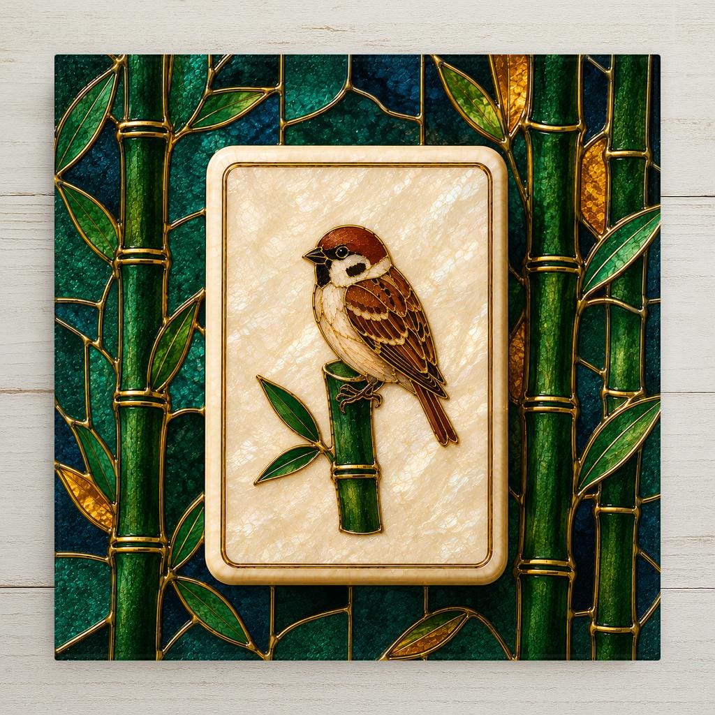 Stained glass style ceramic tile artwork of a mahjong One Bam tile with a brown tree sparrow perched on a green bamboo stalk against a cream mother of pearl tile face, surrounded by an emerald and gold bamboo grove.