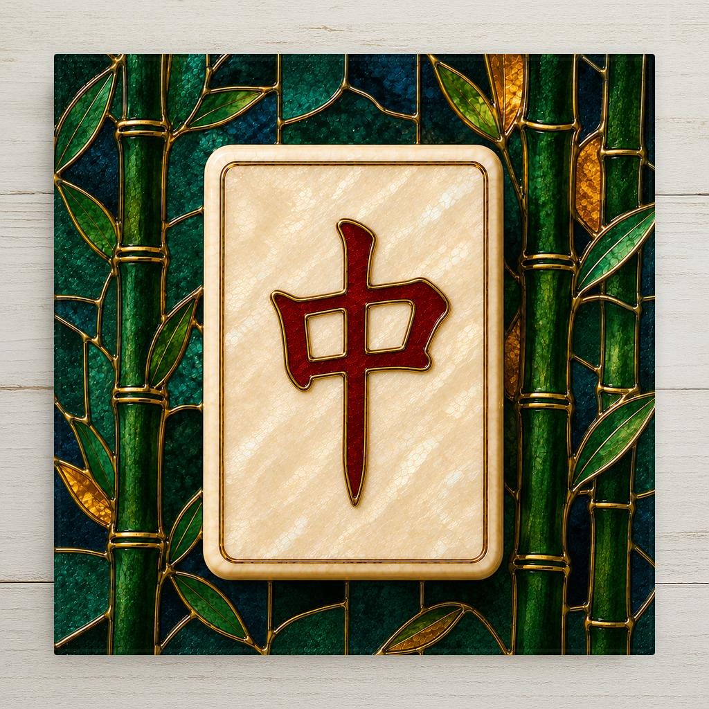 Stained glass style ceramic tile artwork of a mahjong Red Dragon tile with a crimson Chinese character outlined in gold on a cream mother of pearl face, set against an emerald and gold bamboo grove background.