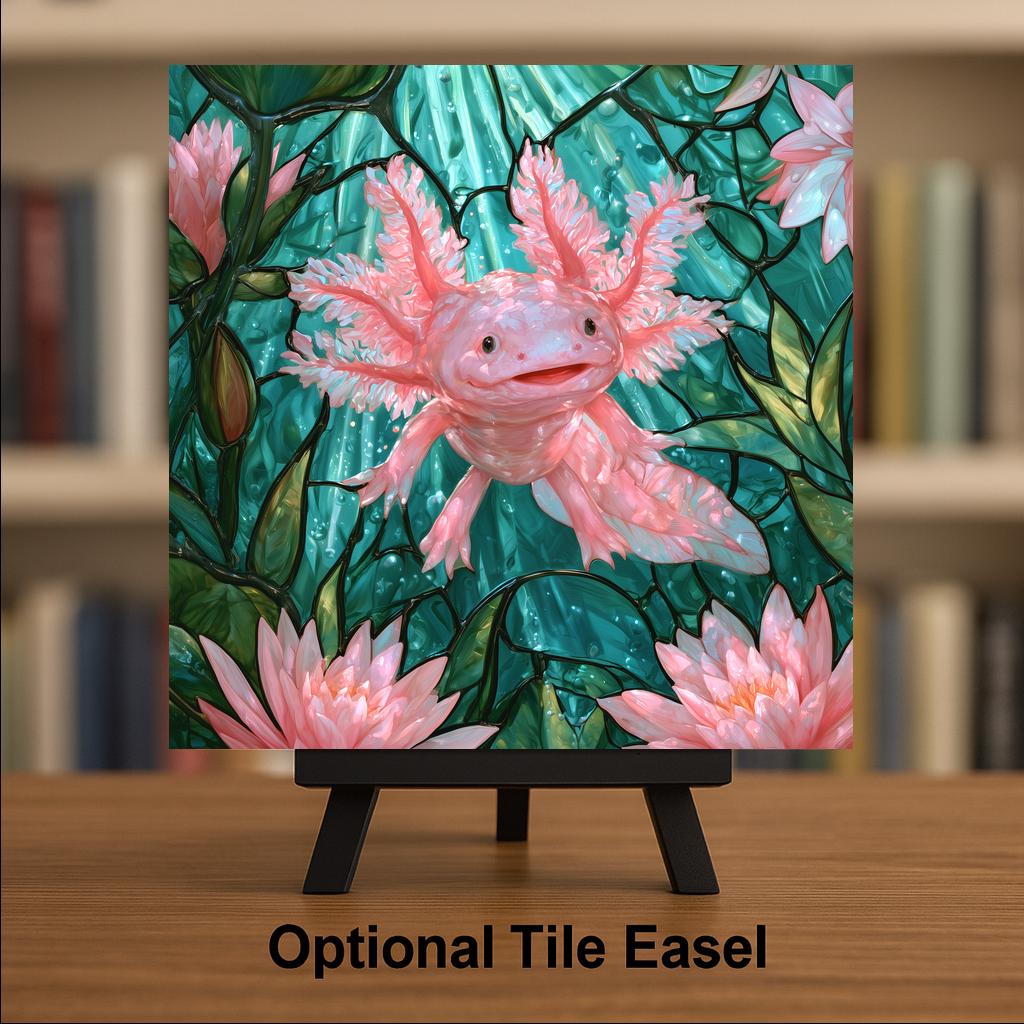 Axolotl Wall Art Ceramic Tile Stained Glass Style Pink Water Lily Pond Whimsical Aquatic Pet Decor Cute Animal Nature Art
