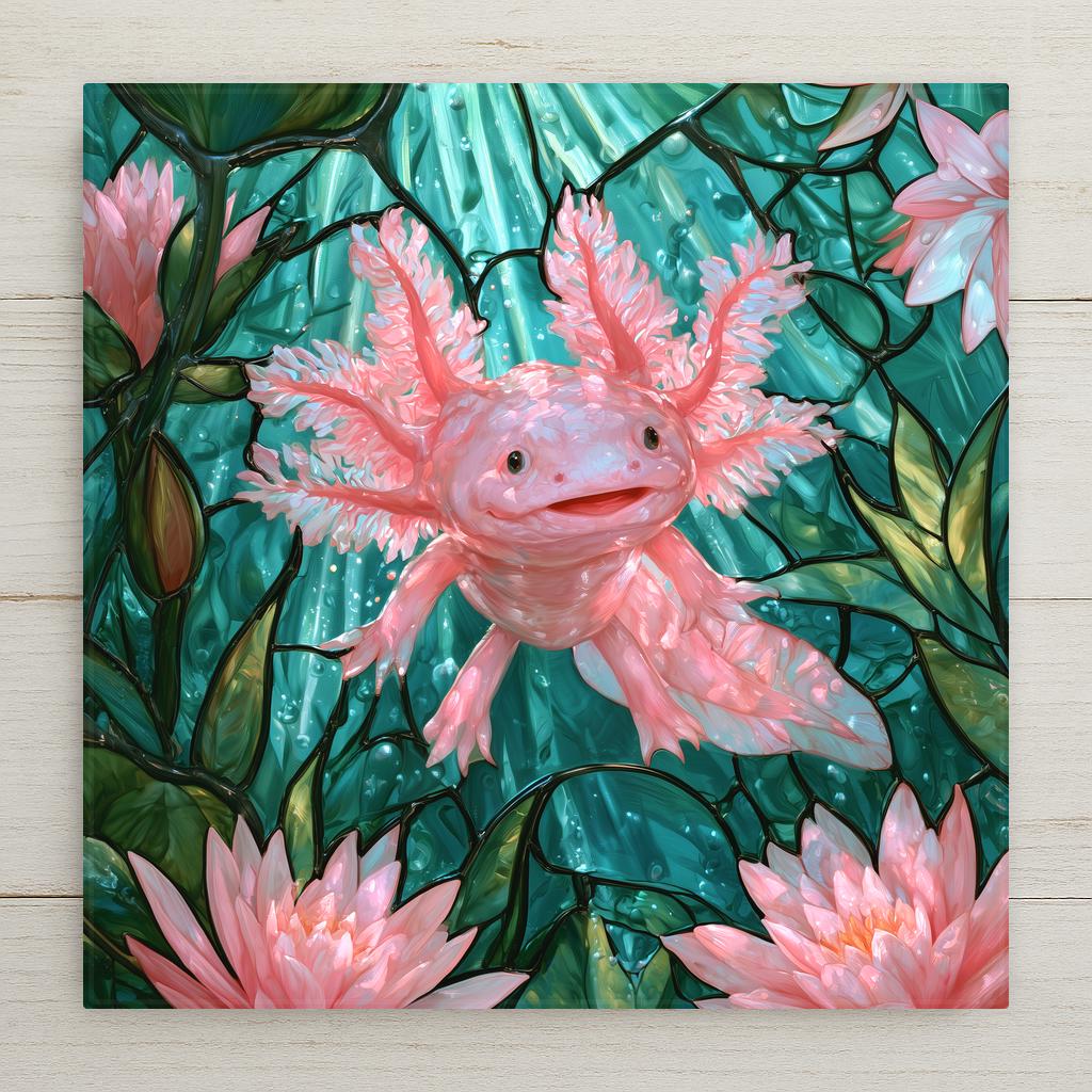 Stained glass style ceramic art tile of a smiling pink axolotl with frilly gills swimming among pink water lilies in sunlit teal water