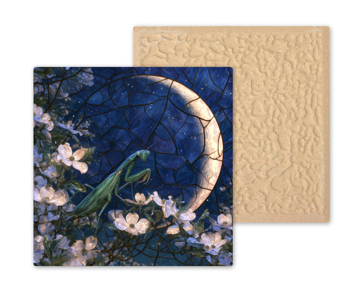 Praying Mantis Wall Art Ceramic Tile Stained Glass Style Crescent Moon Dogwood Blossom Night Garden Whimsigoth Nature Art
