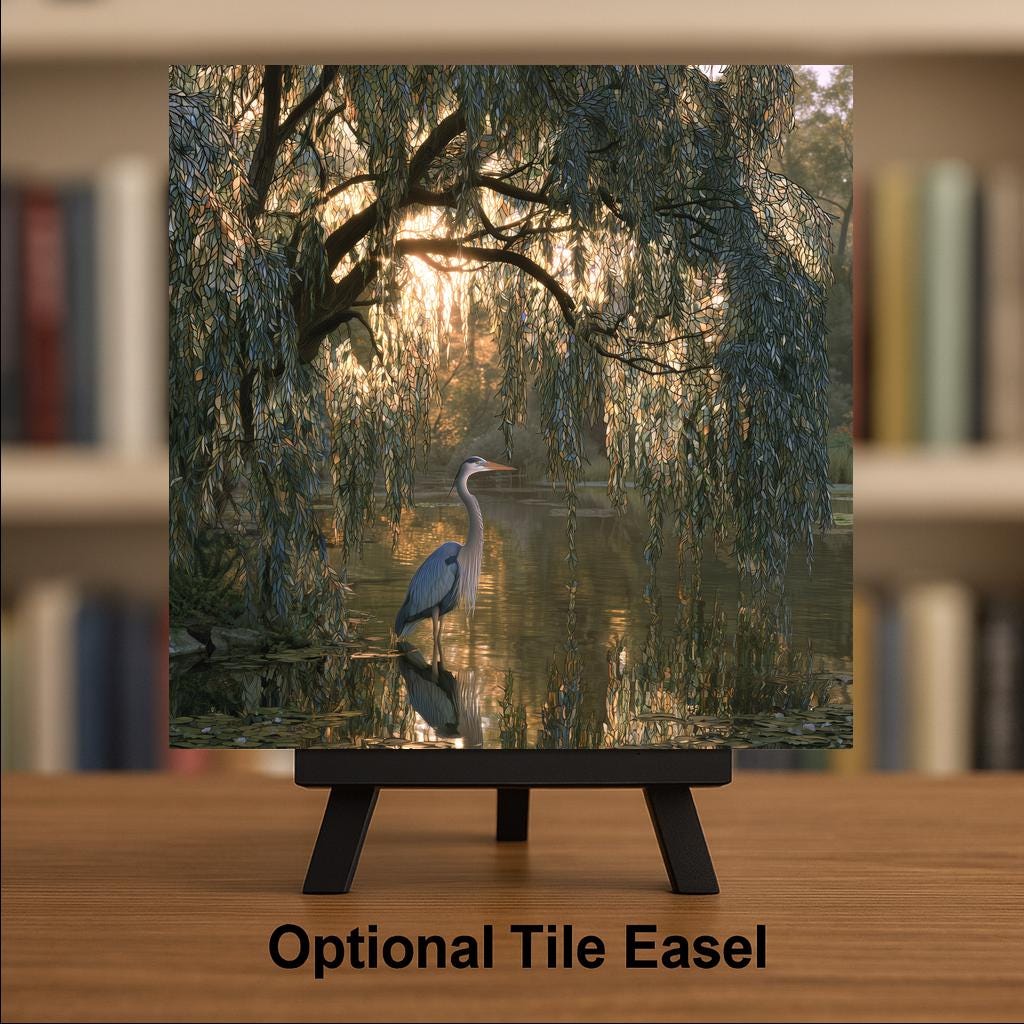 Weeping Willow Blue Heron Wall Art Ceramic Tile Golden Hour Pond Reflection Lake House Decor Willow Tree Nature Art