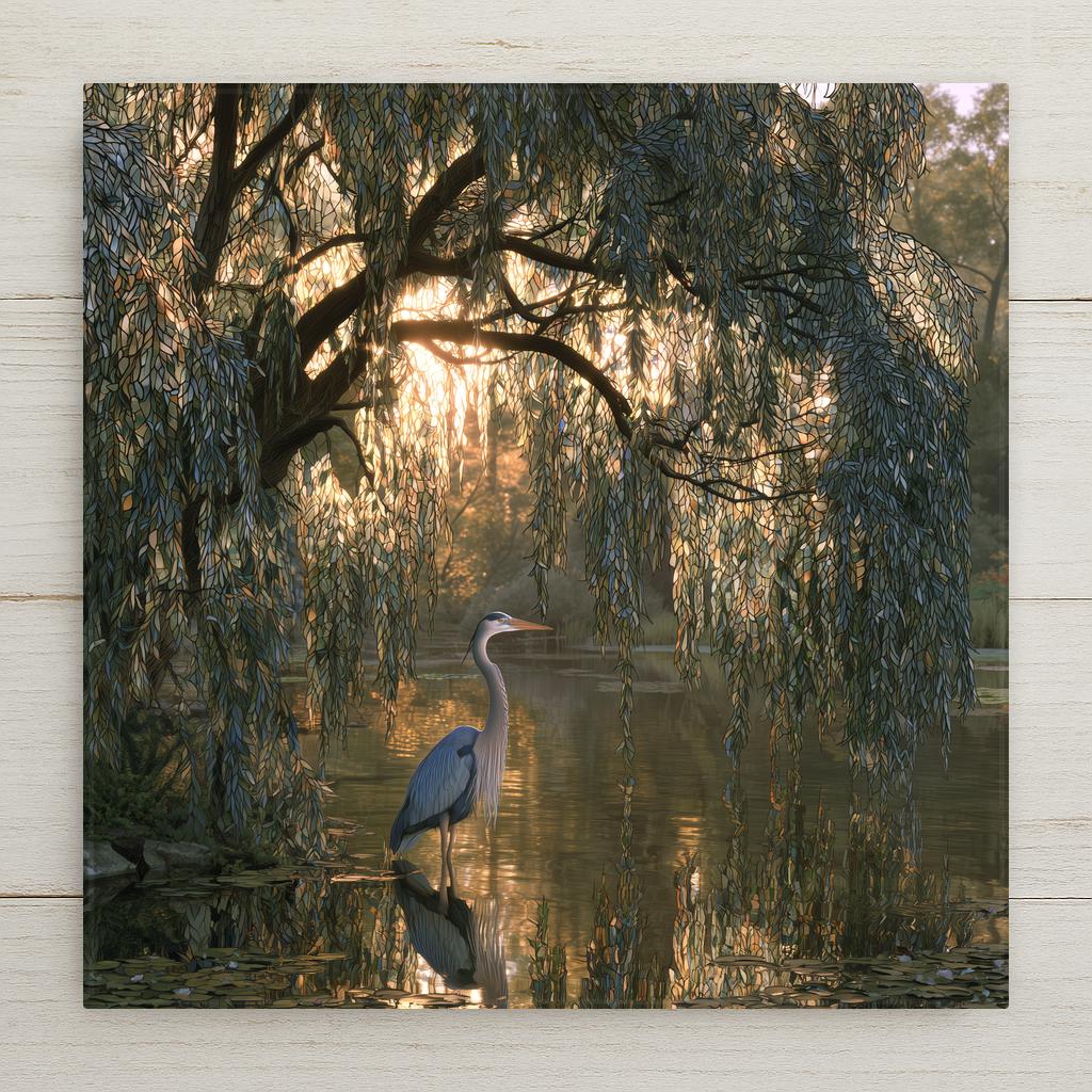 Ceramic art tile of a blue heron standing in a golden pond beneath a great weeping willow whose trailing leaves are drawn as leaded stained glass panes catching the sunset light