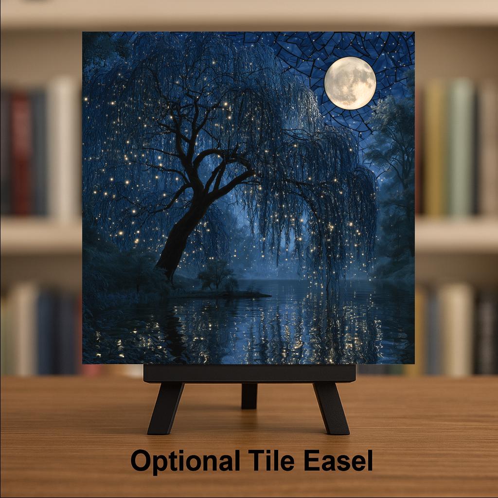 Weeping Willow Full Moon Wall Art Ceramic Tile Fireflies Night Lake Reflection Whimsigoth Moody Decor Willow Tree Nature Art