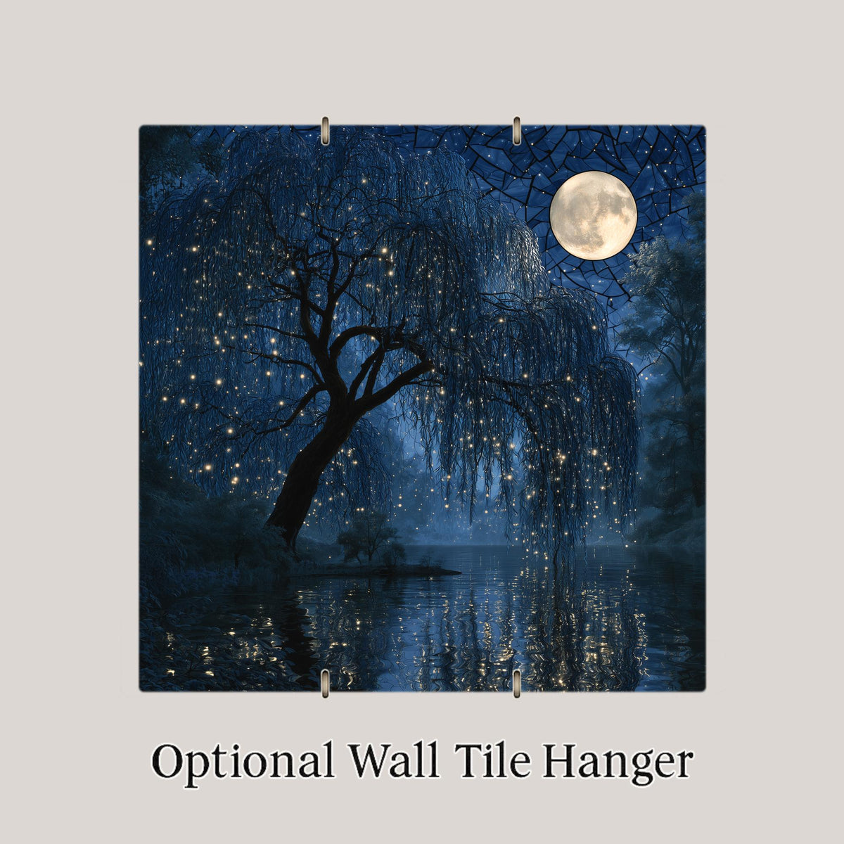 Weeping Willow Full Moon Wall Art Ceramic Tile Fireflies Night Lake Reflection Whimsigoth Moody Decor Willow Tree Nature Art