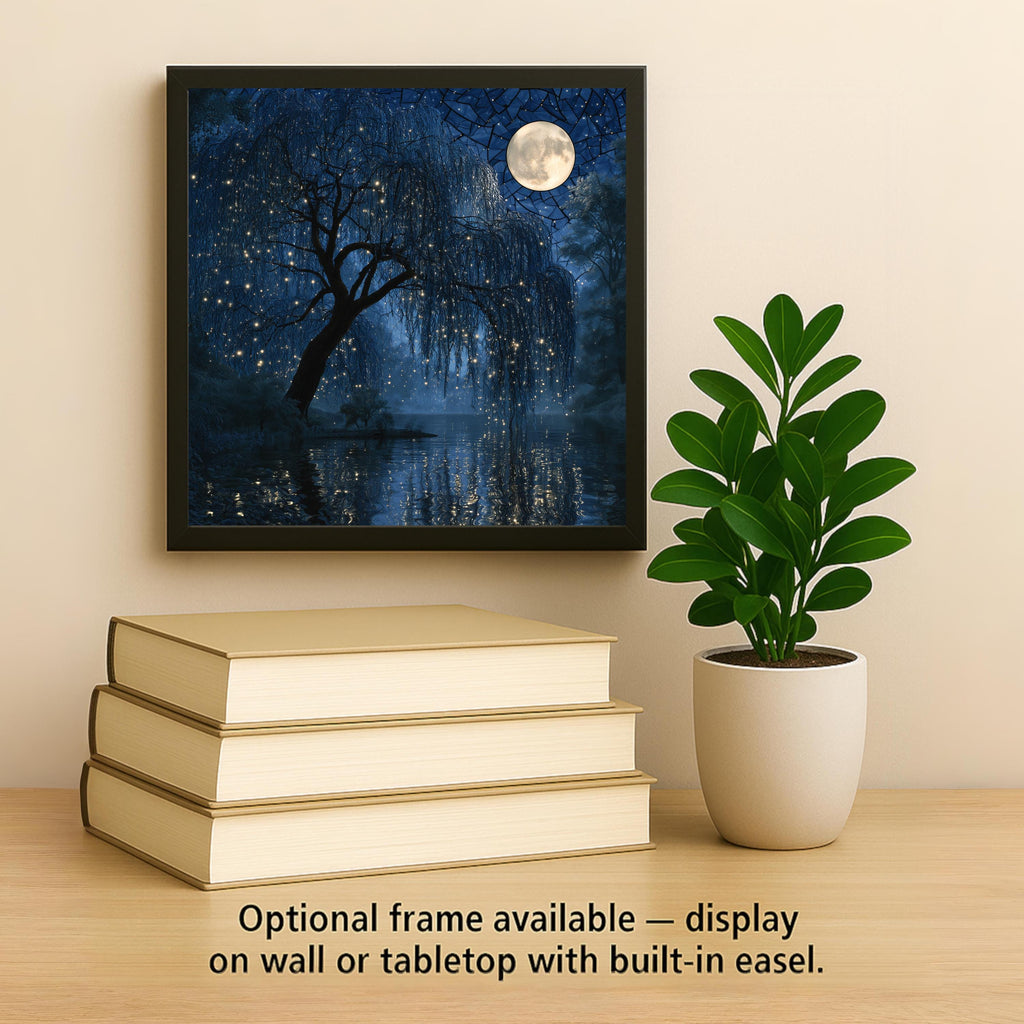 Weeping Willow Full Moon Wall Art Ceramic Tile Fireflies Night Lake Reflection Whimsigoth Moody Decor Willow Tree Nature Art