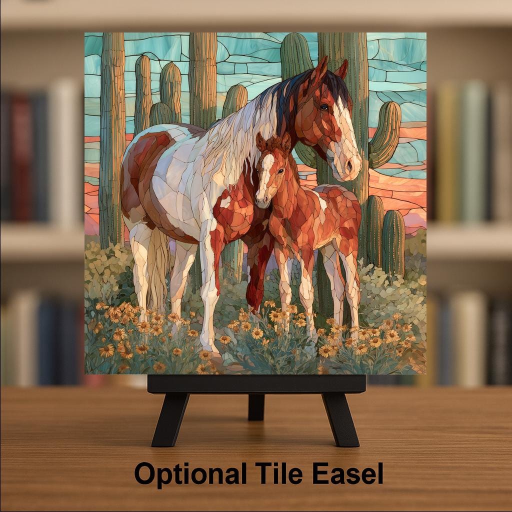 Paint Horse Mare and Foal Wall Art Ceramic Tile Stained Glass Style Saguaro Desert Marigold Southwest Decor Horse Nature Art