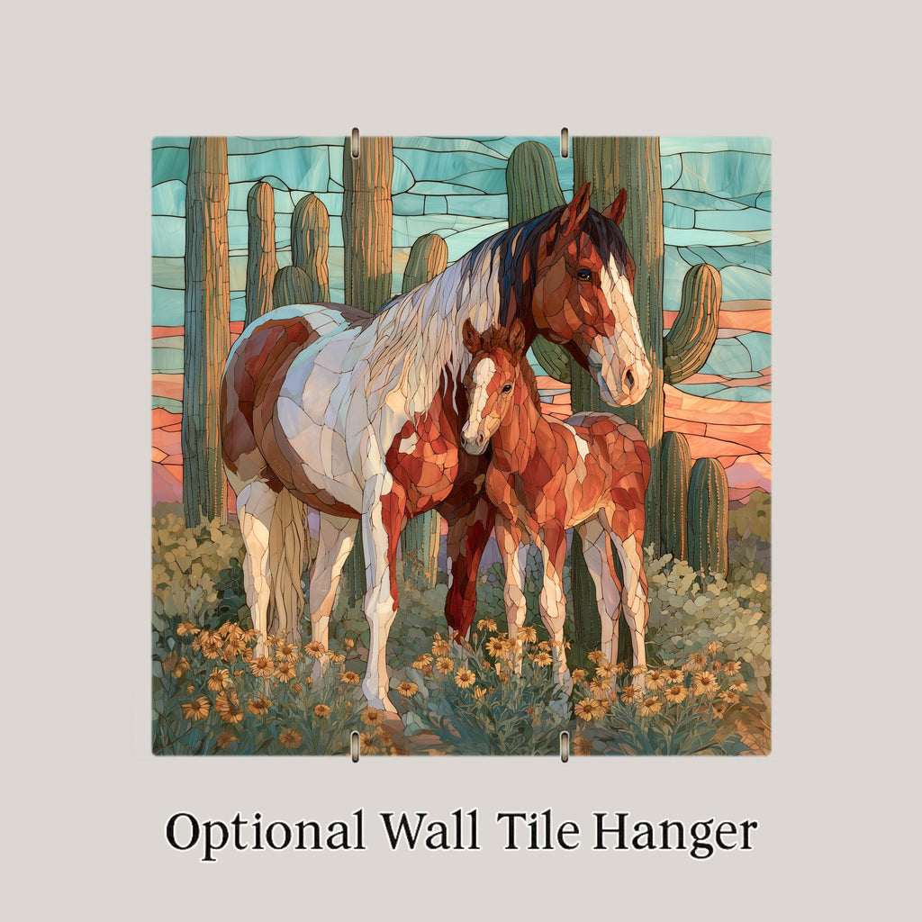 Paint Horse Mare and Foal Wall Art Ceramic Tile Stained Glass Style Saguaro Desert Marigold Southwest Decor Horse Nature Art