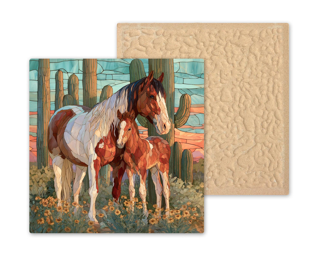 Paint Horse Mare and Foal Wall Art Ceramic Tile Stained Glass Style Saguaro Desert Marigold Southwest Decor Horse Nature Art