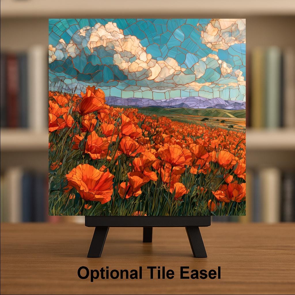 California Poppy Wall Art Ceramic Tile Stained Glass Style Super Bloom Poppy Field Birth Flower Golden State Nature Art