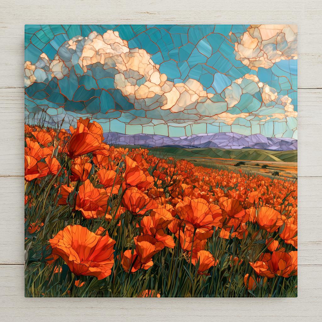 Stained glass style ceramic art tile of a california poppy super bloom, orange poppies filling a green field below purple mountains and a mosaic sky of turquoise and white clouds