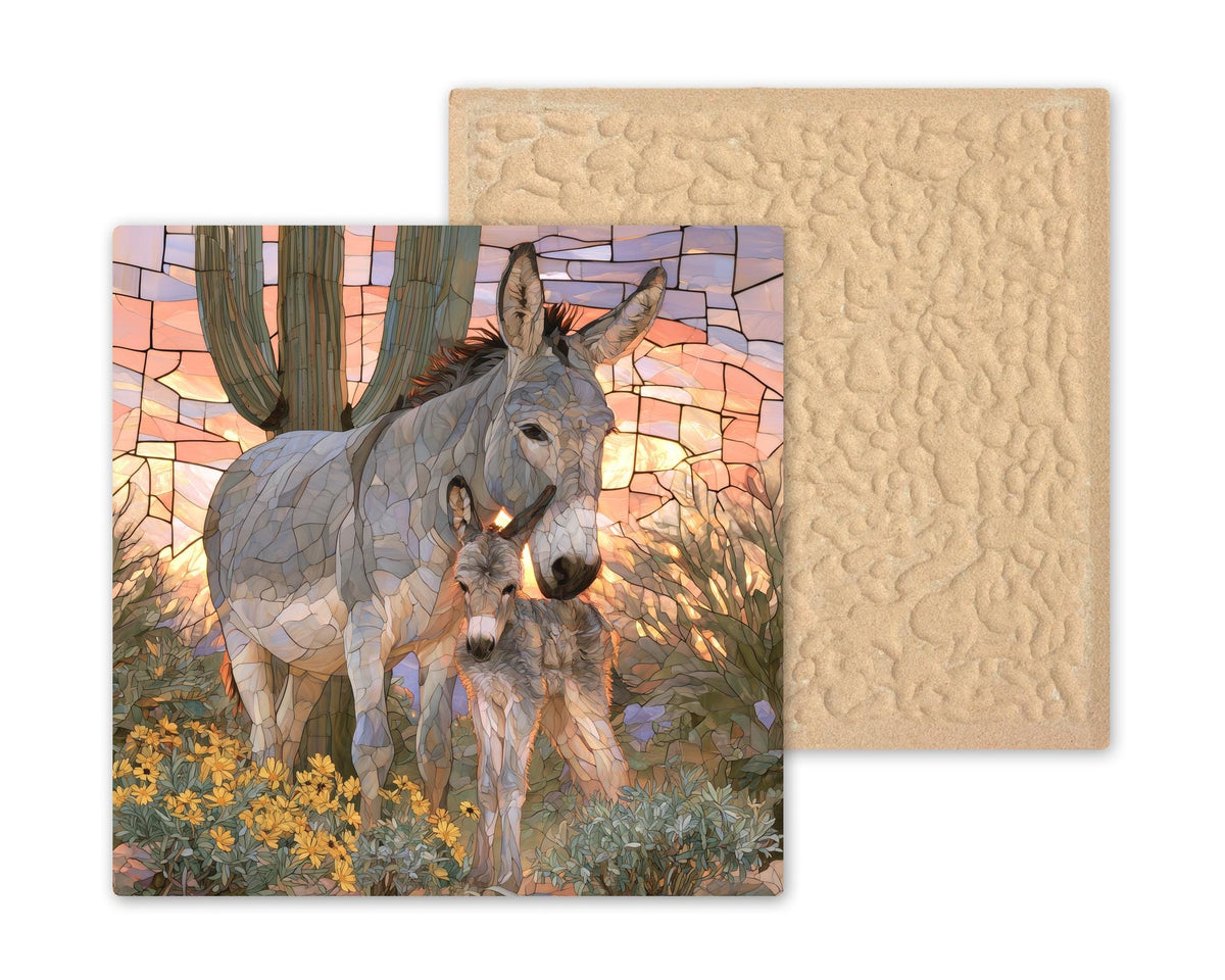 Donkey Mother and Foal Wall Art Ceramic Tile Stained Glass Style Saguaro Desert Marigold Southwest Decor Burro Nature Art