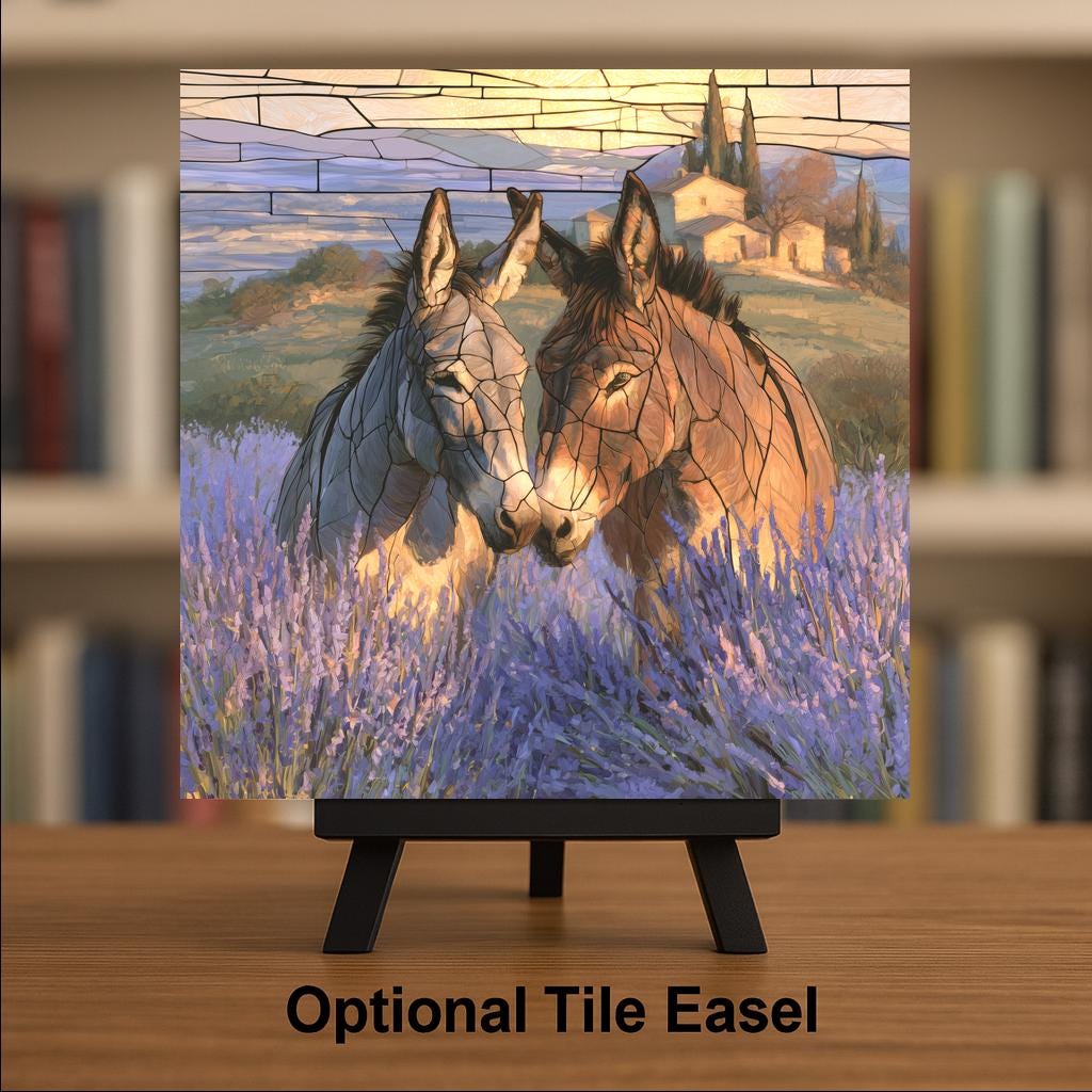 Donkey Friends Wall Art Ceramic Tile Lavender Field Provence French Country Decor Bonded Pair Sunset Farmhouse Nature Art