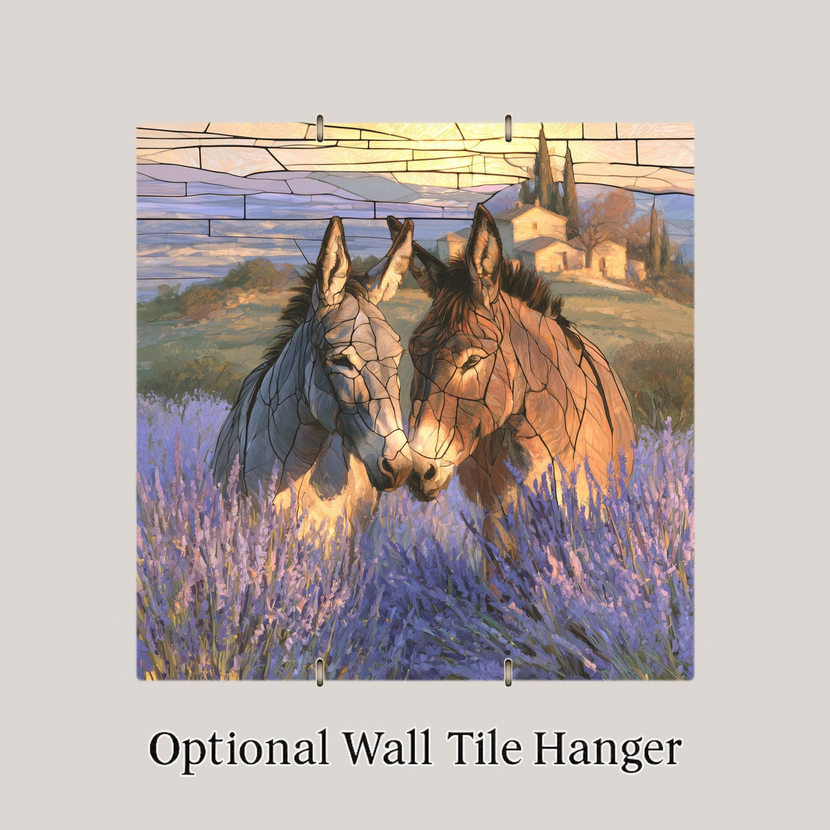 Donkey Friends Wall Art Ceramic Tile Lavender Field Provence French Country Decor Bonded Pair Sunset Farmhouse Nature Art