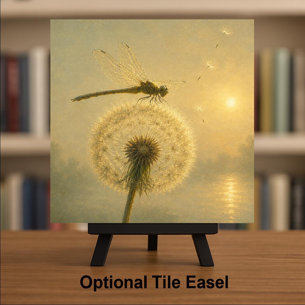 Dragonfly Dandelion Wall Art Ceramic Tile Make a Wish Golden Sunrise Misty Lake Serene Painterly Decor Nature Art