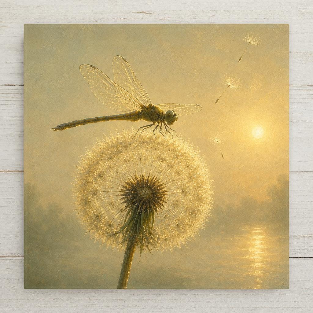 Painterly ceramic art tile of a golden dragonfly with translucent wings perched on a luminous dandelion seed head, seeds drifting toward a hazy sunrise over a misty lake