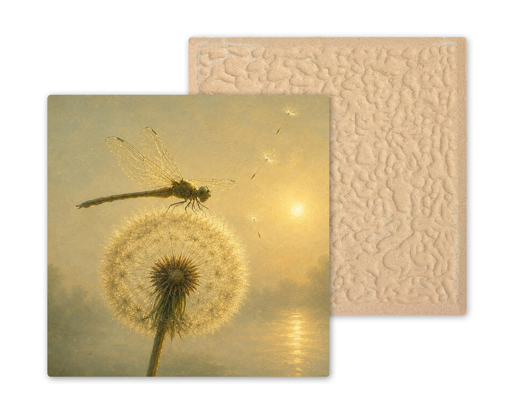 Dragonfly Dandelion Wall Art Ceramic Tile Make a Wish Golden Sunrise Misty Lake Serene Painterly Decor Nature Art