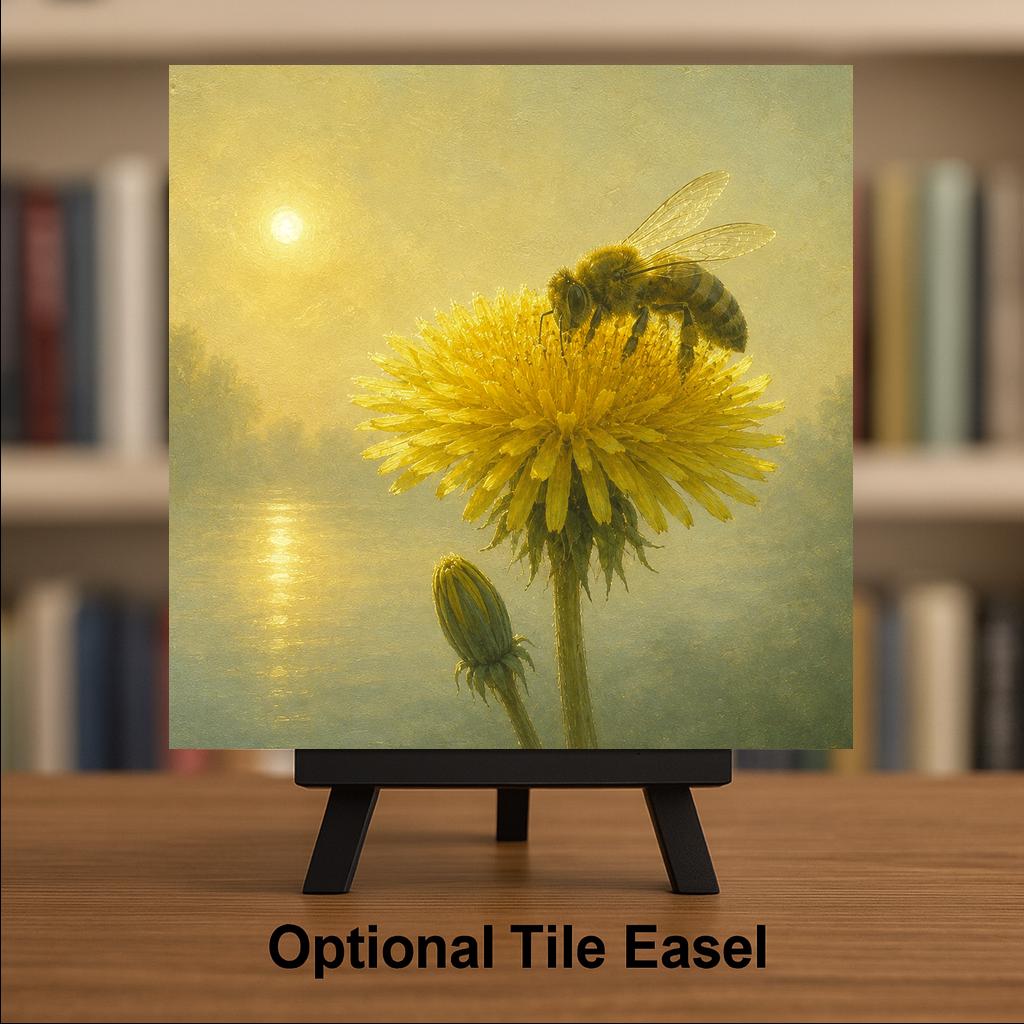 Dandelion Flower Bee Wall Art Ceramic Tile Golden Sunrise Misty Lake Spring Bloom Painterly Pollinator Decor Nature Art