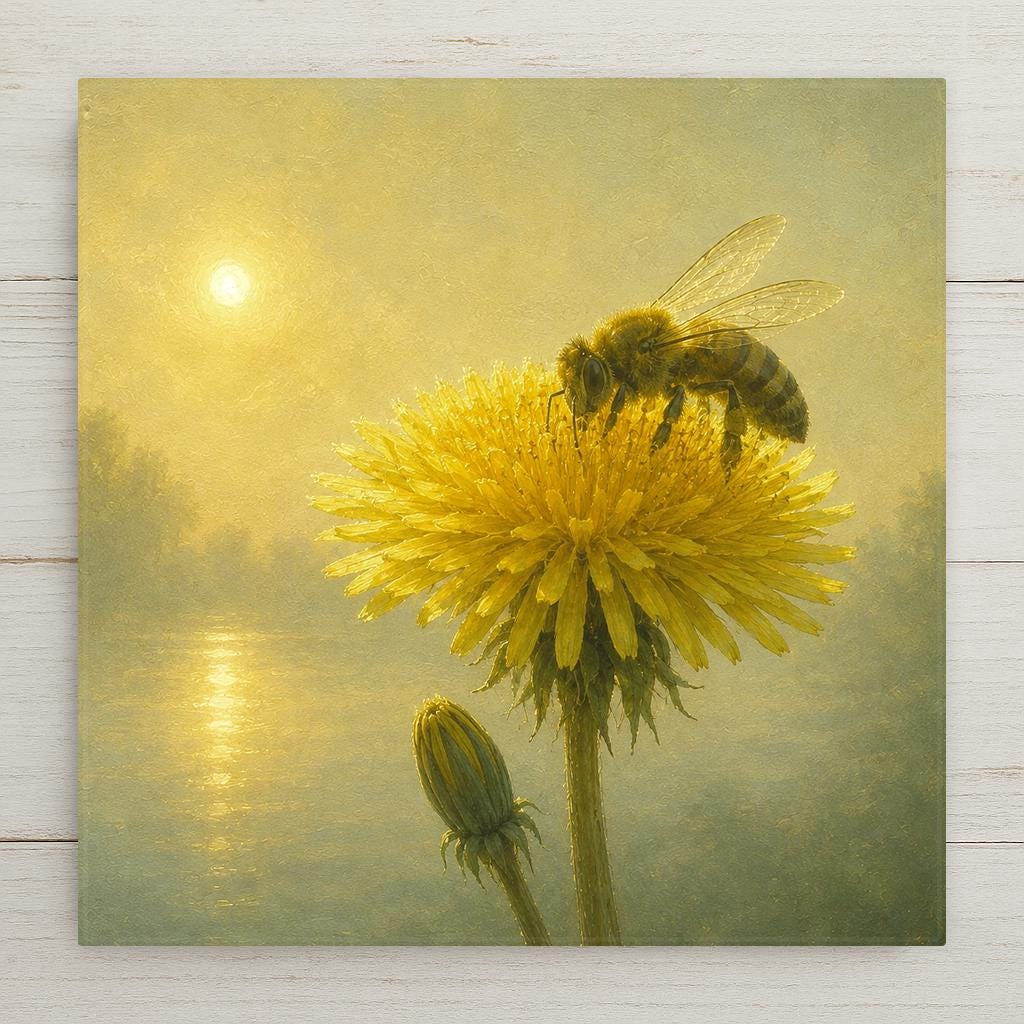 Painterly ceramic art tile of a honeybee gathering pollen on a bright yellow dandelion flower in full bloom beside a closed bud, with a hazy golden sun over a misty lake behind