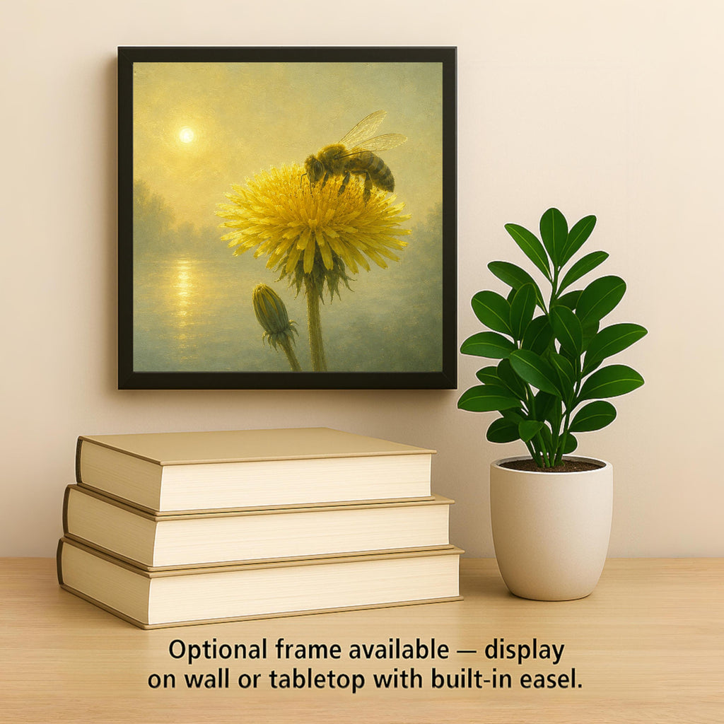 Dandelion Flower Bee Wall Art Ceramic Tile Golden Sunrise Misty Lake Spring Bloom Painterly Pollinator Decor Nature Art