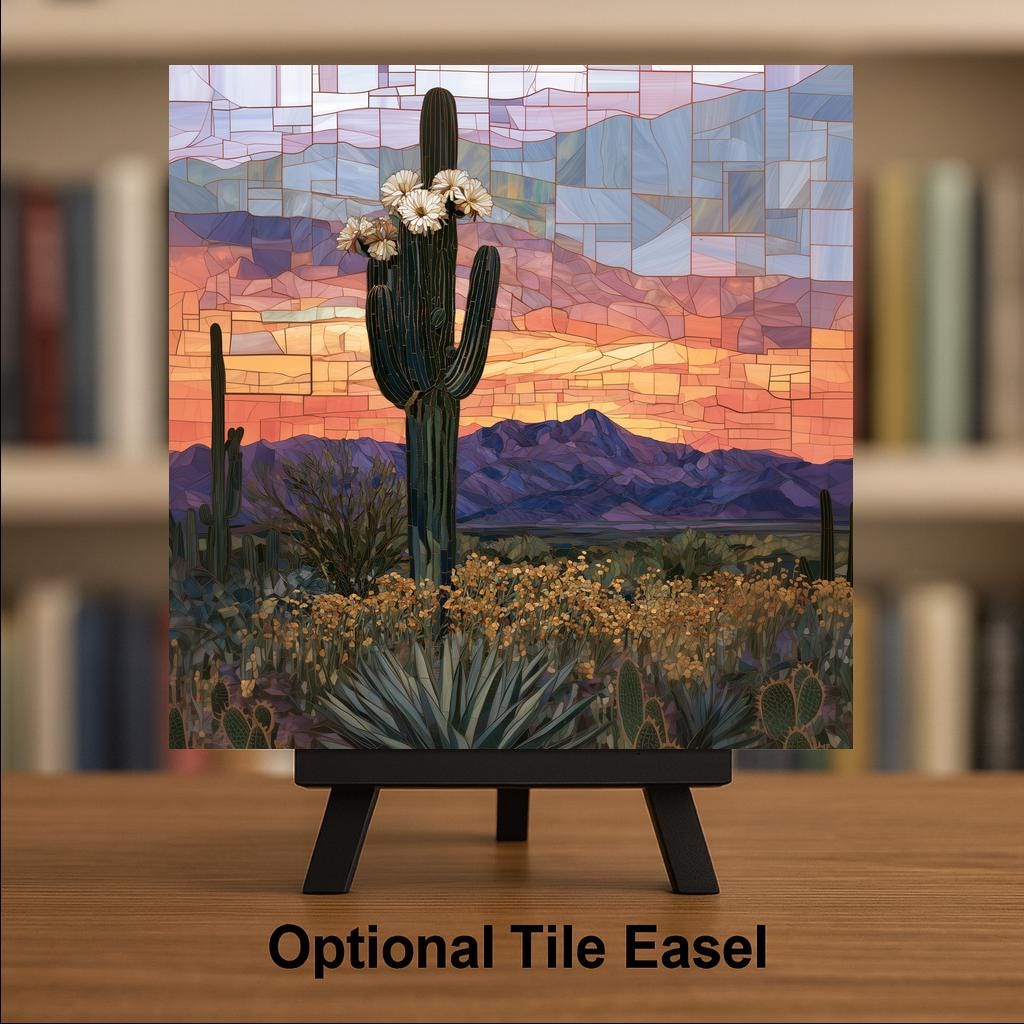 Saguaro Cactus Wall Art Ceramic Tile Southwestern Wall Art Desert Bloom Stained Glass Style Arizona Sunset Nature Art