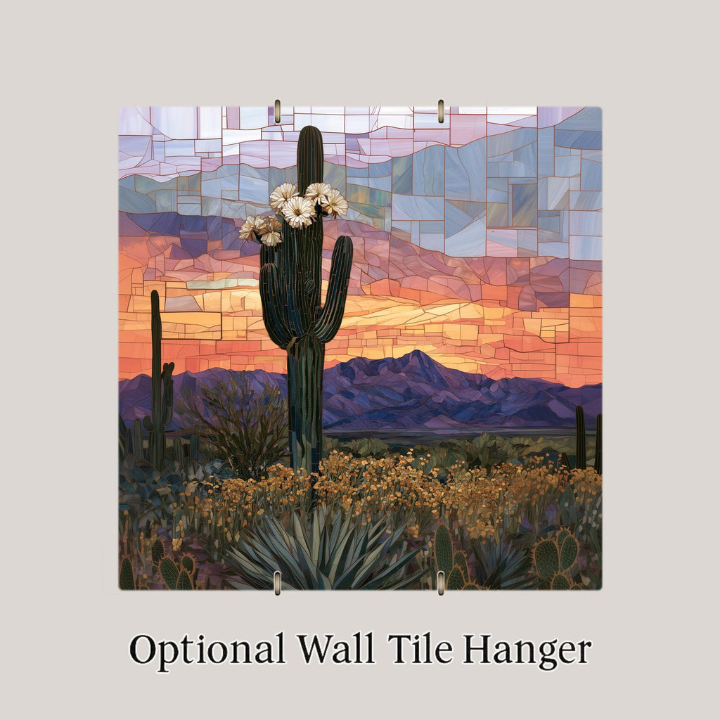 Saguaro Cactus Wall Art Ceramic Tile Southwestern Wall Art Desert Bloom Stained Glass Style Arizona Sunset Nature Art