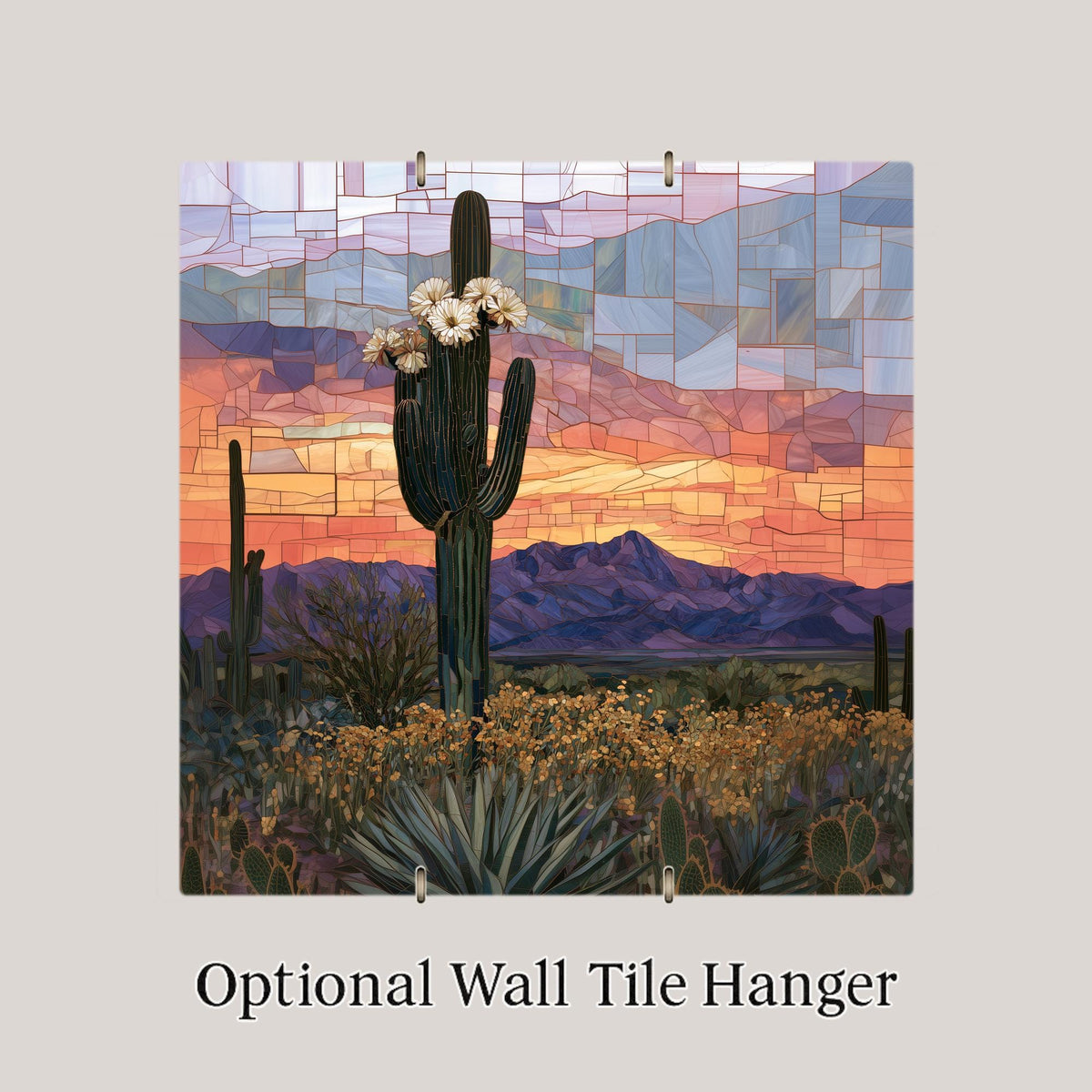 Saguaro Cactus Wall Art Ceramic Tile Southwestern Wall Art Desert Bloom Stained Glass Style Arizona Sunset Nature Art