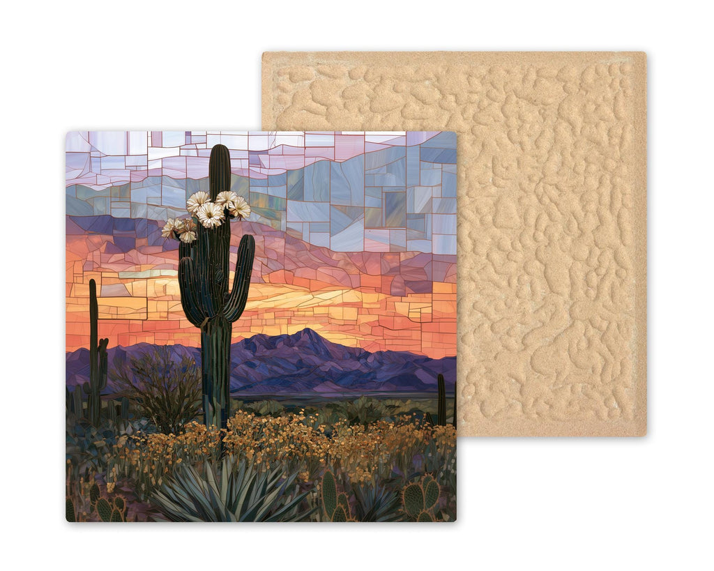 Saguaro Cactus Wall Art Ceramic Tile Southwestern Wall Art Desert Bloom Stained Glass Style Arizona Sunset Nature Art
