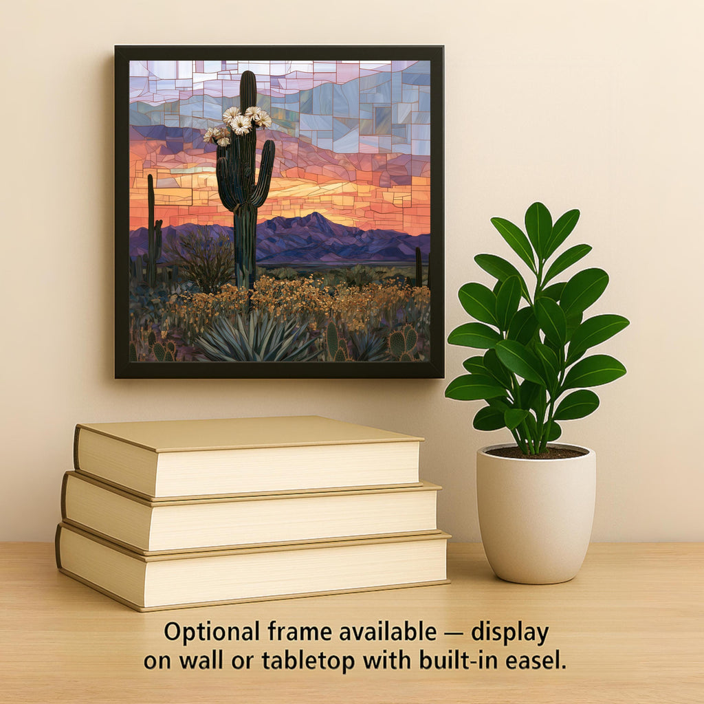 Saguaro Cactus Wall Art Ceramic Tile Southwestern Wall Art Desert Bloom Stained Glass Style Arizona Sunset Nature Art
