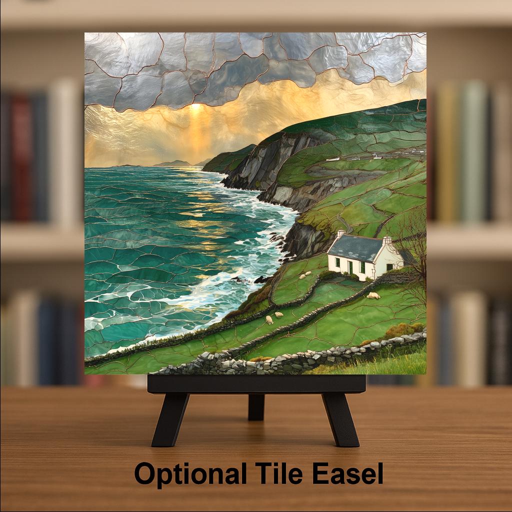 Irish Coast Wall Art Ceramic Tile Stained Glass Style Ireland Cottage Sea Cliffs Emerald Hills Celtic Blessing Nature Art