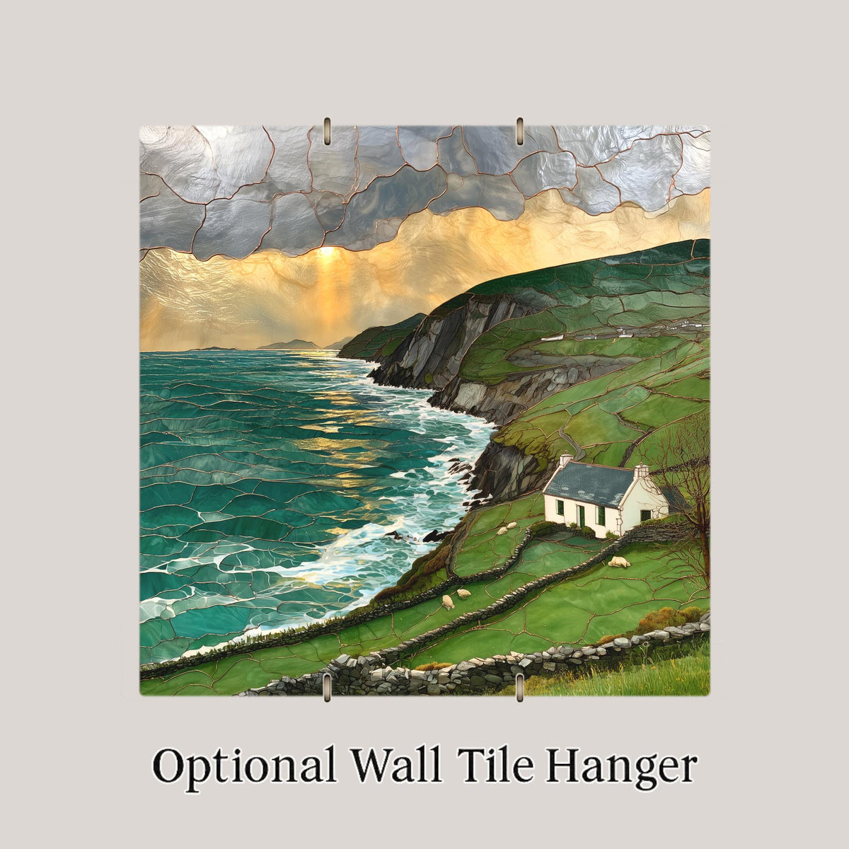 Irish Coast Wall Art Ceramic Tile Stained Glass Style Ireland Cottage Sea Cliffs Emerald Hills Celtic Blessing Nature Art