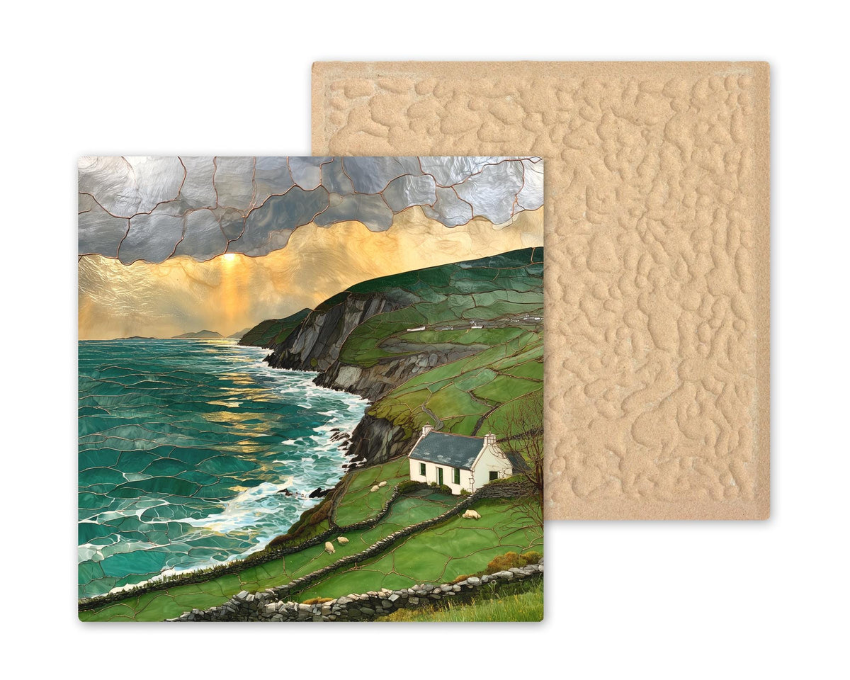 Irish Coast Wall Art Ceramic Tile Stained Glass Style Ireland Cottage Sea Cliffs Emerald Hills Celtic Blessing Nature Art