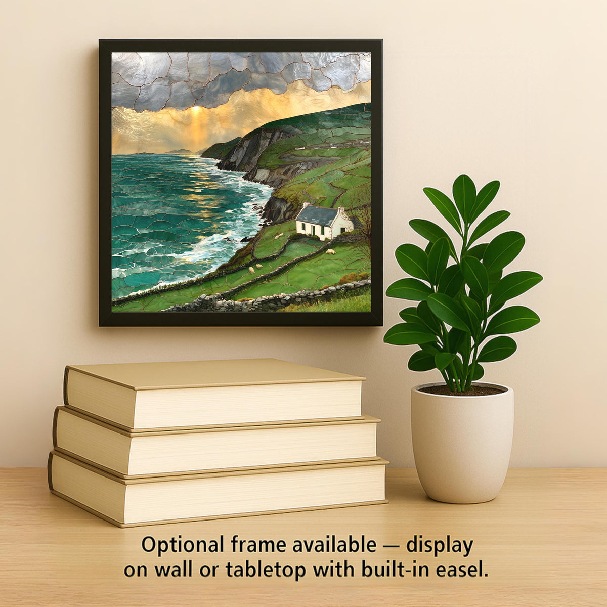 Irish Coast Wall Art Ceramic Tile Stained Glass Style Ireland Cottage Sea Cliffs Emerald Hills Celtic Blessing Nature Art
