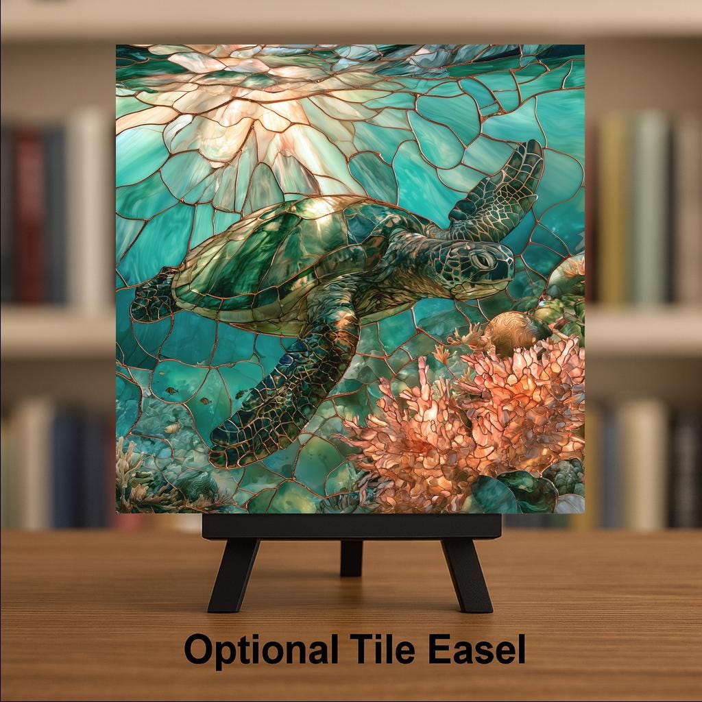 Sea Turtle Wall Art Ceramic Tile Stained Glass Style Hawaiian Honu Coral Reef Tropical Ocean Decor Turquoise Nature Art