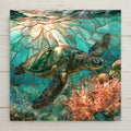 Stained glass style ceramic art tile of a green sea turtle honu gliding over a coral reef in turquoise water, sunburst through the surface, peach coral and small tropical fish