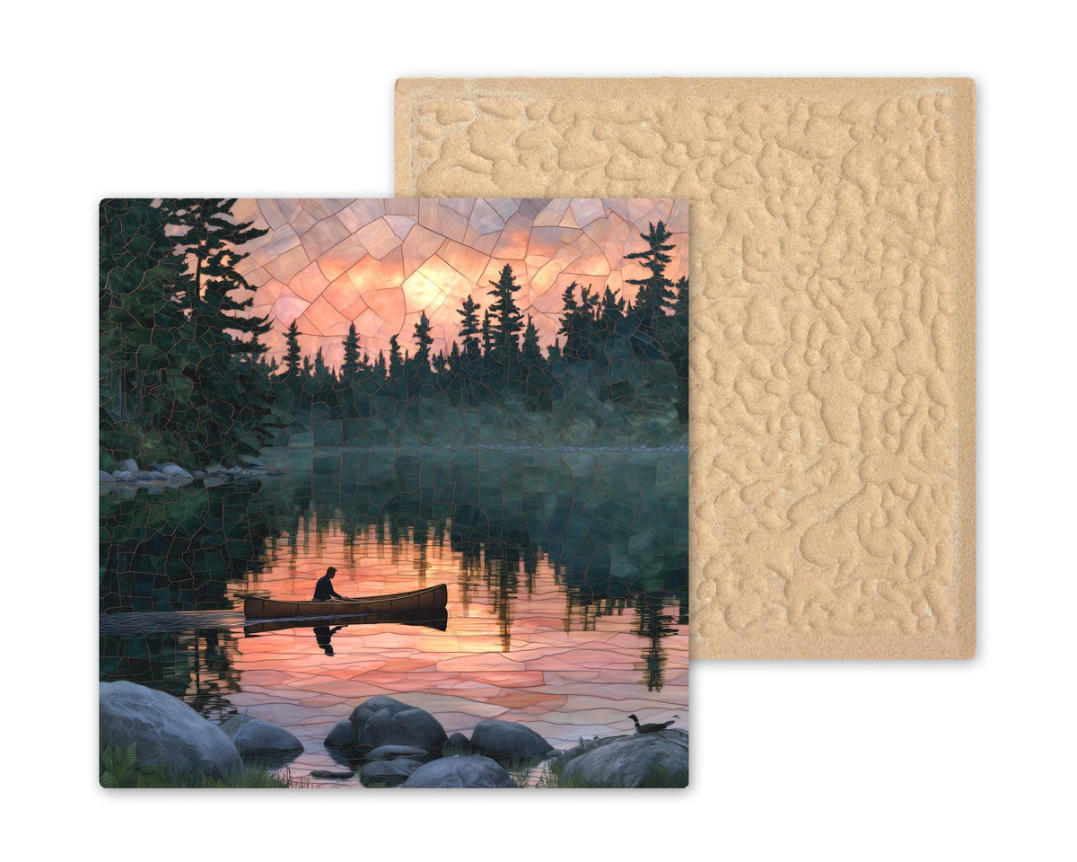 Boundary Waters Wall Art Ceramic Tile Stained Glass Style Canoe Lake Sunset Northwoods Minnesota Wilderness Nature Art